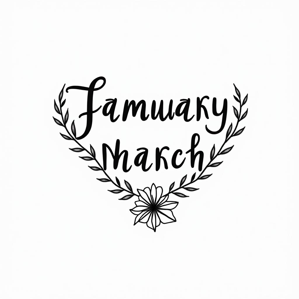 Birth month flowers January December march Februaryminimalist text-based tattoo, Monospace font ultra-realistic, perfectly placed, high-quality font design, photo-realistic shading, 8k, high quality, finely detailed typograph