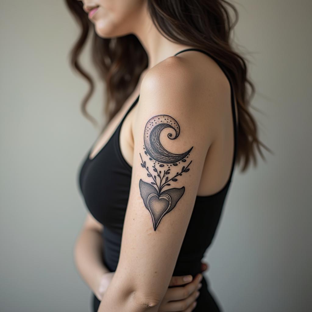 Life because it includes the initials of my two children.in Modest style tattoo, featuring soft, delicate line work with simple and meaningful symbols, gentle waves, a heart, evoking a sense of serenity and grace, - Variation 4