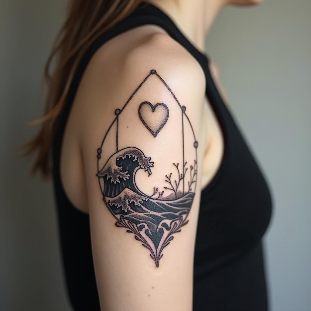Life because it includes the initials of my two children.in Modest style tattoo, featuring soft, delicate line work with simple and meaningful symbols, gentle waves, a heart, evoking a sense of serenity and grace, - Variation 2