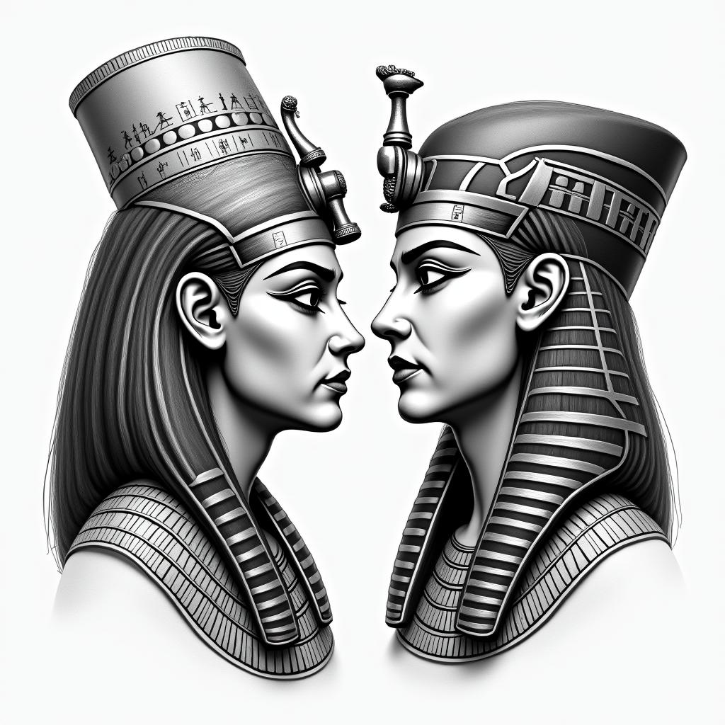 Aubree and Joein egyptian style tattoo, bold elements of ancient egyptian culture including a portrait of an Egyptian pharaoh with detailed facial features, in hieroglyphs and symbolic imagery, eye of horus, ankh symbol, scarab beetle - Variation 2