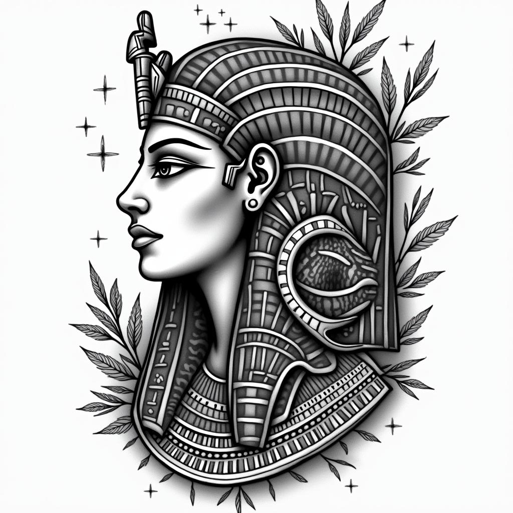 Aubree and Joein egyptian style tattoo, bold elements of ancient egyptian culture including a portrait of an Egyptian pharaoh with detailed facial features, in hieroglyphs and symbolic imagery, eye of horus, ankh symbol, scarab beetle - Variation 3