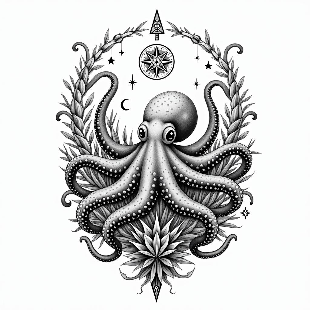 Cute octopus in a garden and space features
in the skyin paganic style tattoo, featuring ancient symbols, add vegvisir symbol, mystical figures, incorporating designs, pentagrams, runes, crescent moons,