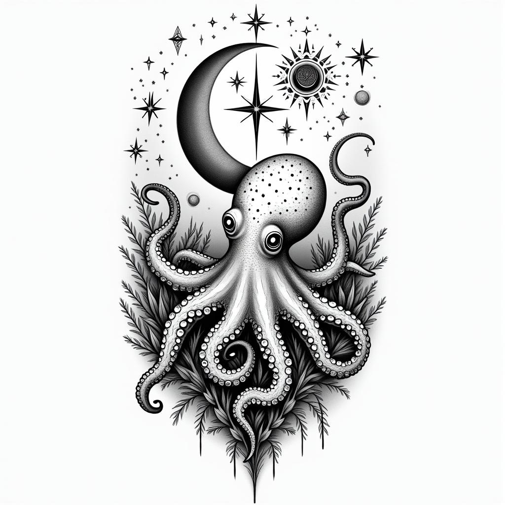 Cute octopus in a garden and space features
in the skyin paganic style tattoo, featuring ancient symbols, add vegvisir symbol, mystical figures, incorporating designs, pentagrams, runes, crescent moons, - Variation 2