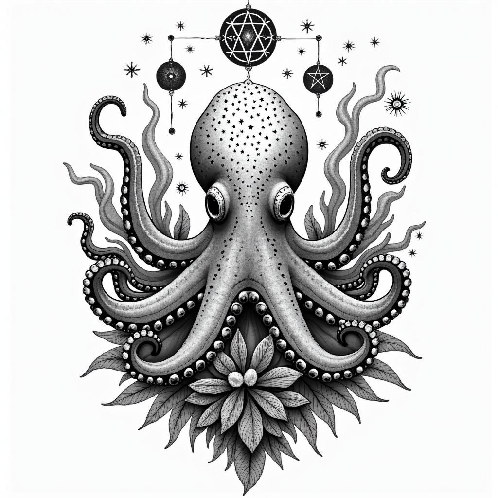 Cute octopus in a garden and space features
in the skyin paganic style tattoo, featuring ancient symbols, add vegvisir symbol, mystical figures, incorporating designs, pentagrams, runes, crescent moons, - Variation 3