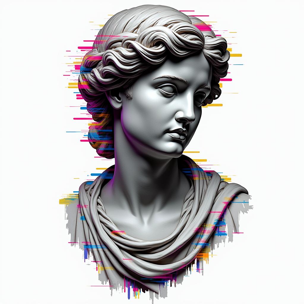 Aubree and Joein distorted and fragmented tattoo design, featuring a classical statue bust, in a glitch art style with vibrant, overlapping colors of cyan, magenta, and yellow, creating a digital distortion effect - Variation 4