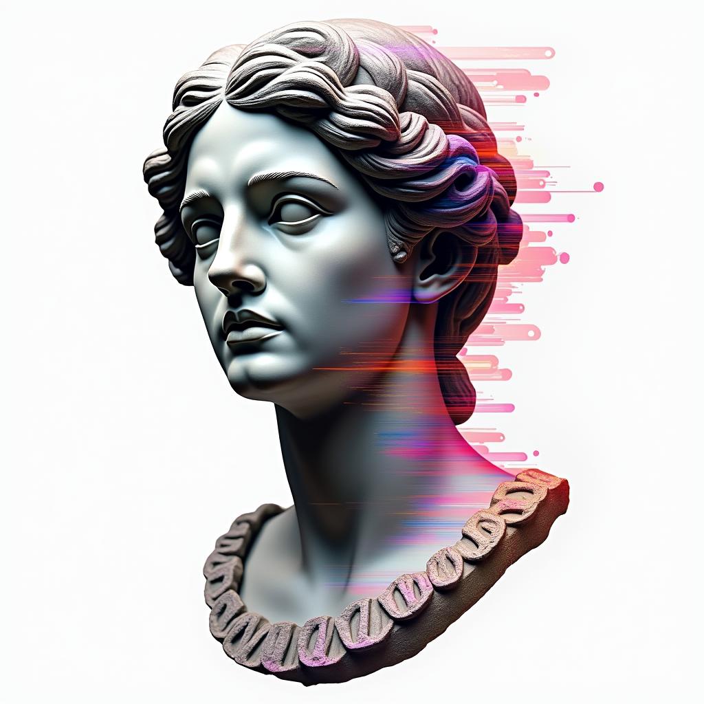 Aubree and Joein distorted and fragmented tattoo design, featuring a classical statue bust, in a glitch art style with vibrant, overlapping colors of cyan, magenta, and yellow, creating a digital distortion effect - Variation 3