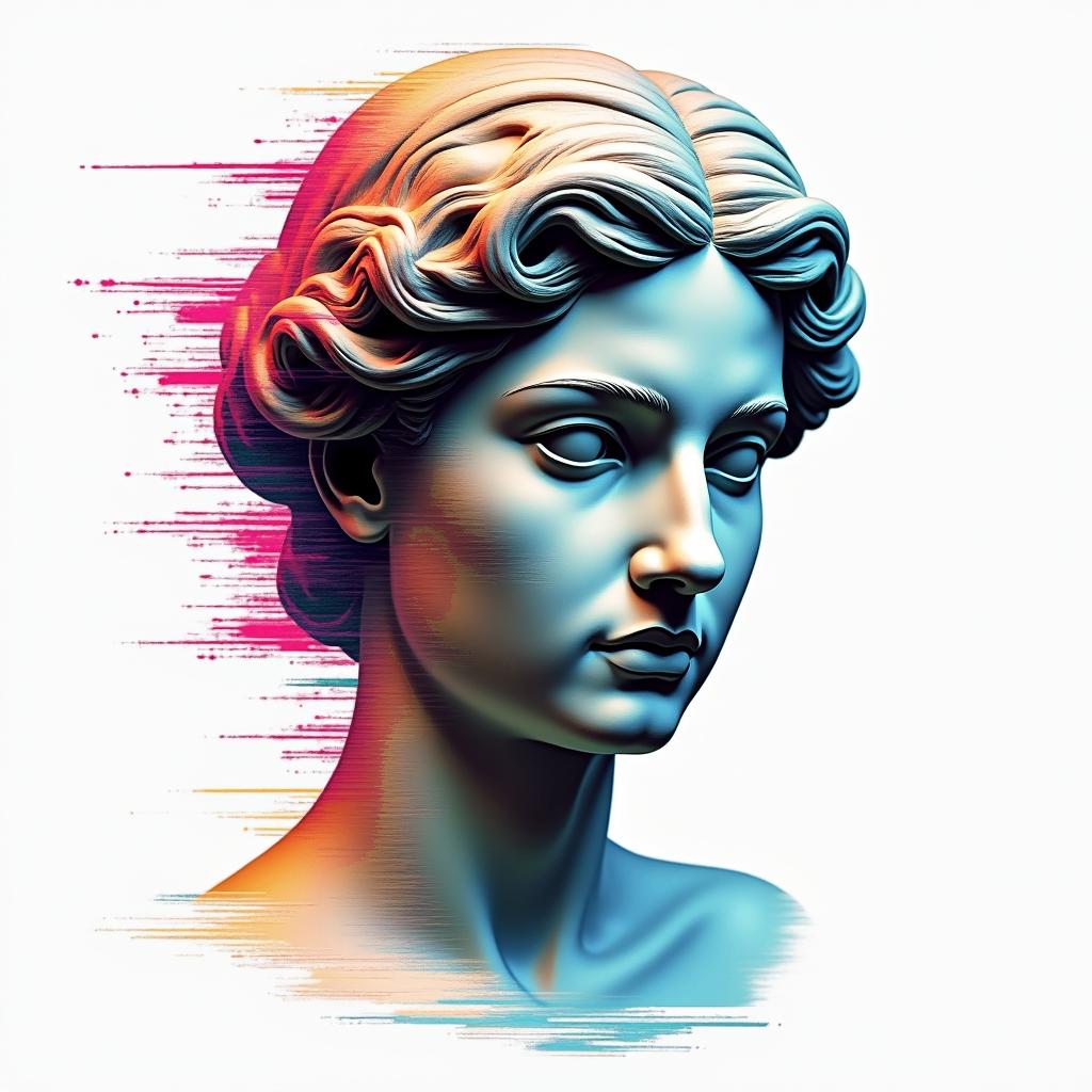 Aubree and Joein distorted and fragmented tattoo design, featuring a classical statue bust, in a glitch art style with vibrant, overlapping colors of cyan, magenta, and yellow, creating a digital distortion effect