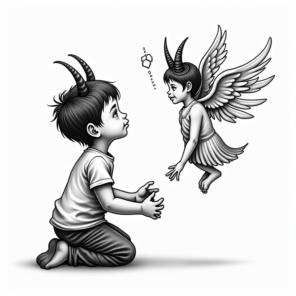 A little boy on his knees holding his broken devil horns looking up at a beautiful Angel with the words, "Are you proud of me now?" Memorial for my momin authentic tattoo style, incorporating traditional modifications, bold black outlines, solid color fills, featuring classic authentic elements