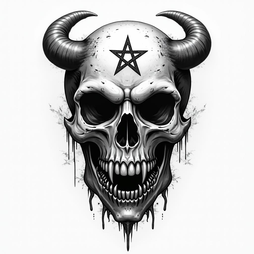 My friendscreepy horror tattoo style, featuring an eerie and unsettling skull of a demonic creature, distorted face with sharp fangs, add pentagram symbol - Variation 4