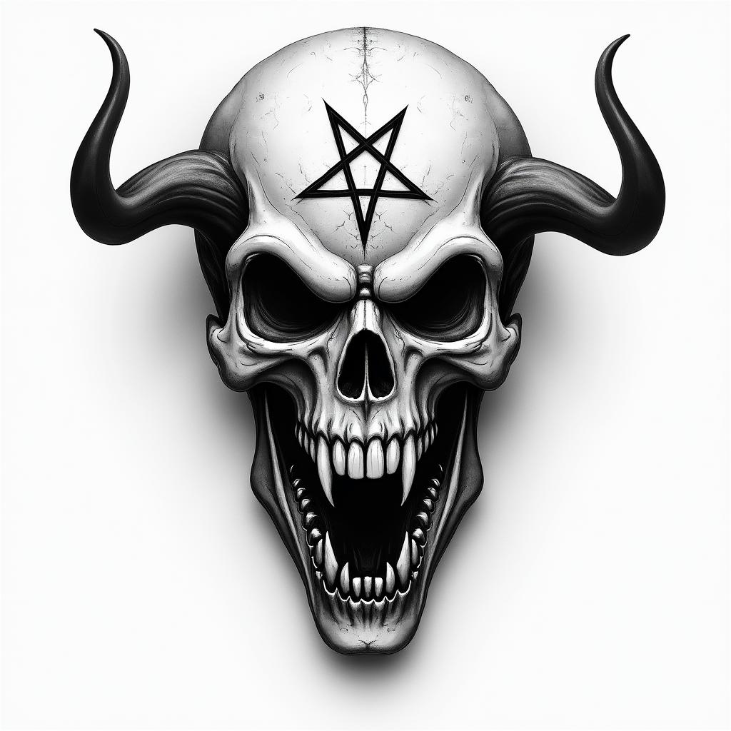 My friendscreepy horror tattoo style, featuring an eerie and unsettling skull of a demonic creature, distorted face with sharp fangs, add pentagram symbol - Variation 2