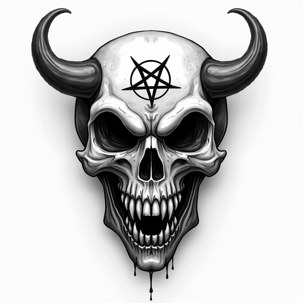 My friendscreepy horror tattoo style, featuring an eerie and unsettling skull of a demonic creature, distorted face with sharp fangs, add pentagram symbol