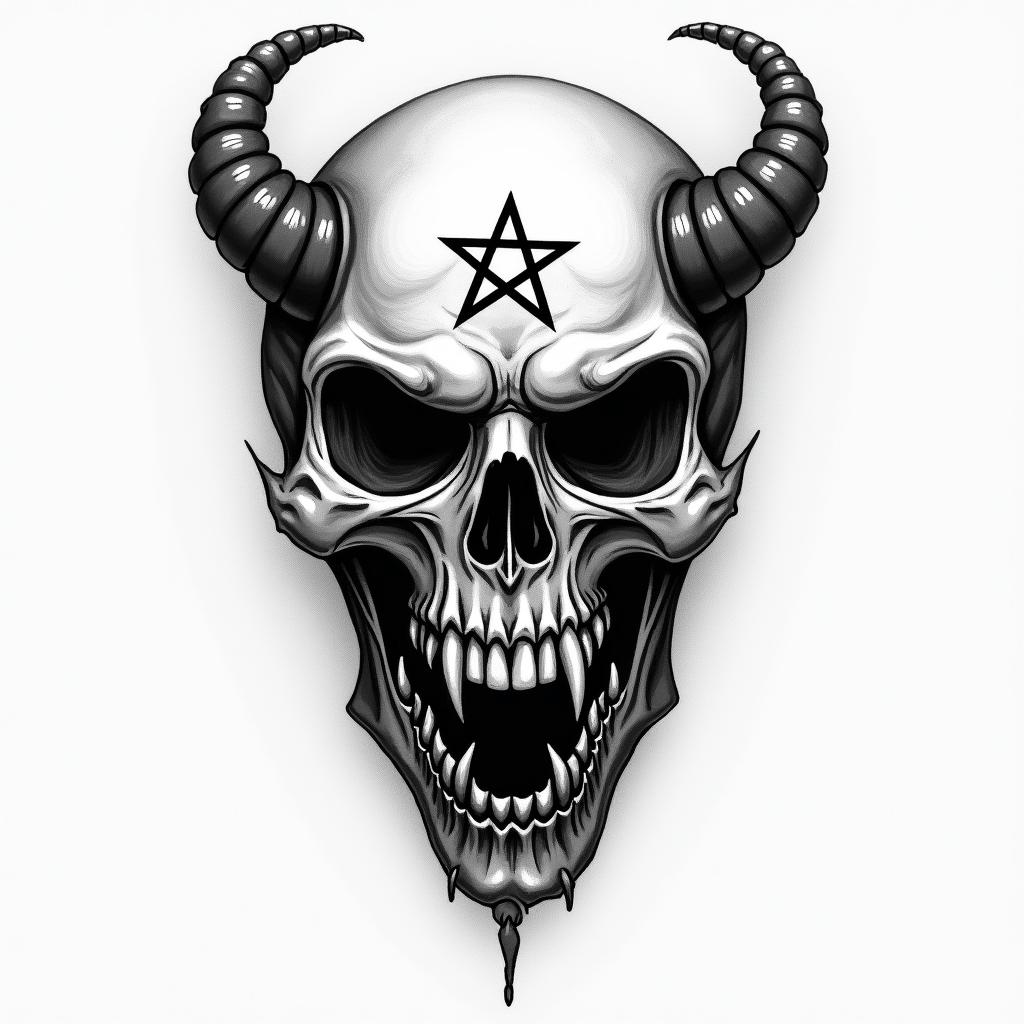 My friendscreepy horror tattoo style, featuring an eerie and unsettling skull of a demonic creature, distorted face with sharp fangs, add pentagram symbol - Variation 3