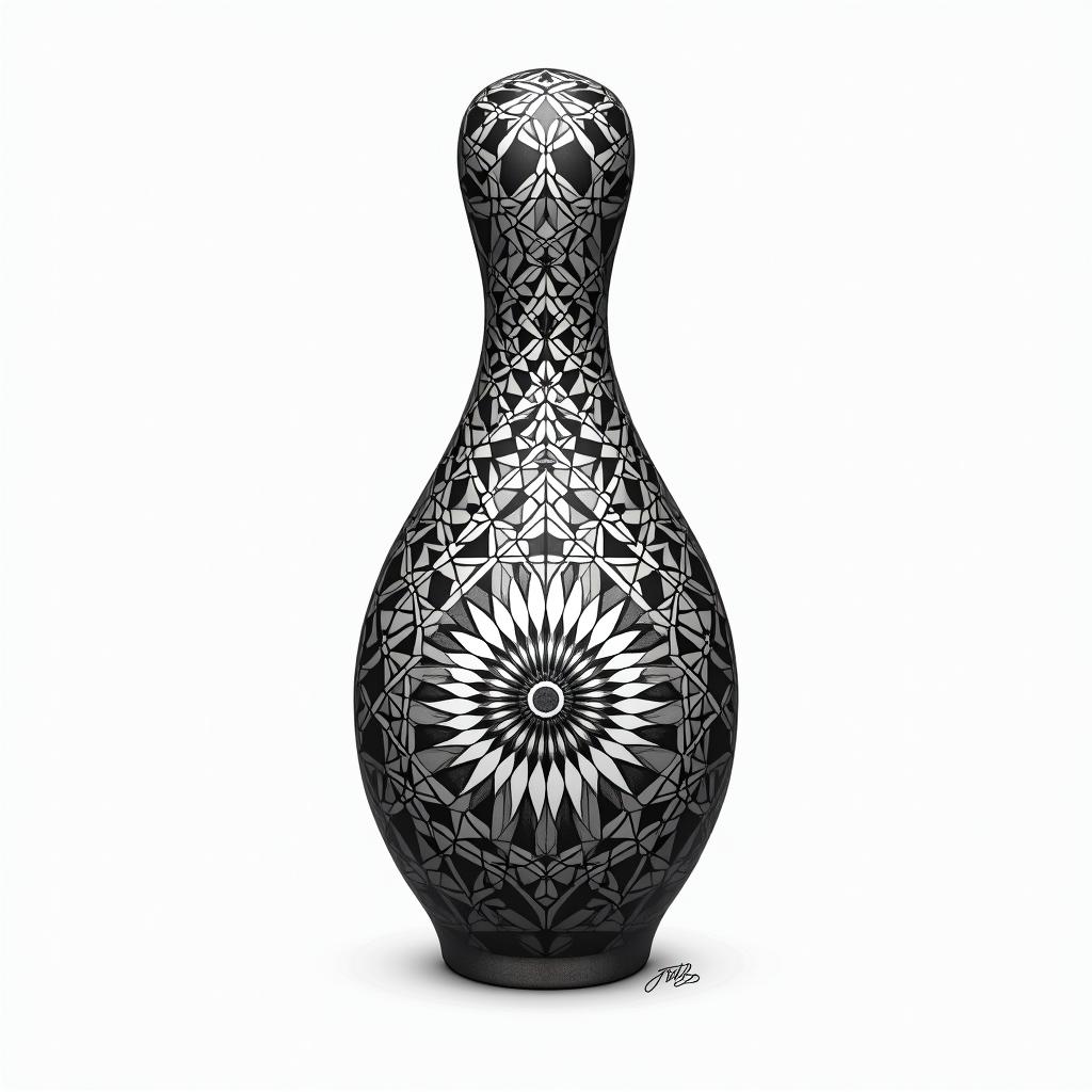 Bowling, bowling, bowling in geometric style tattoo, blending hexagons, mandala-inspired patterns, symmetrical and fractal design, clean lines, sharp angles - Variation 8