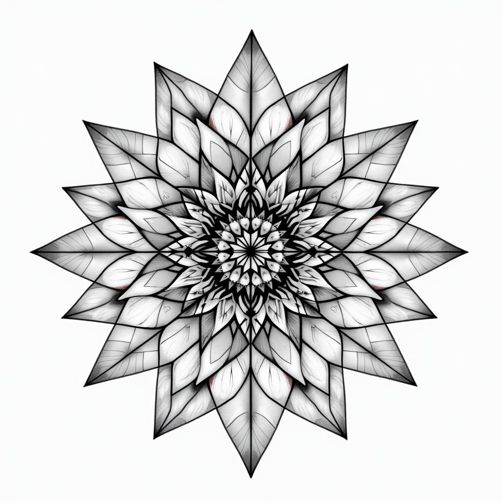 Bowling, bowling, bowling in geometric style tattoo, blending hexagons, mandala-inspired patterns, symmetrical and fractal design, clean lines, sharp angles - Variation 5