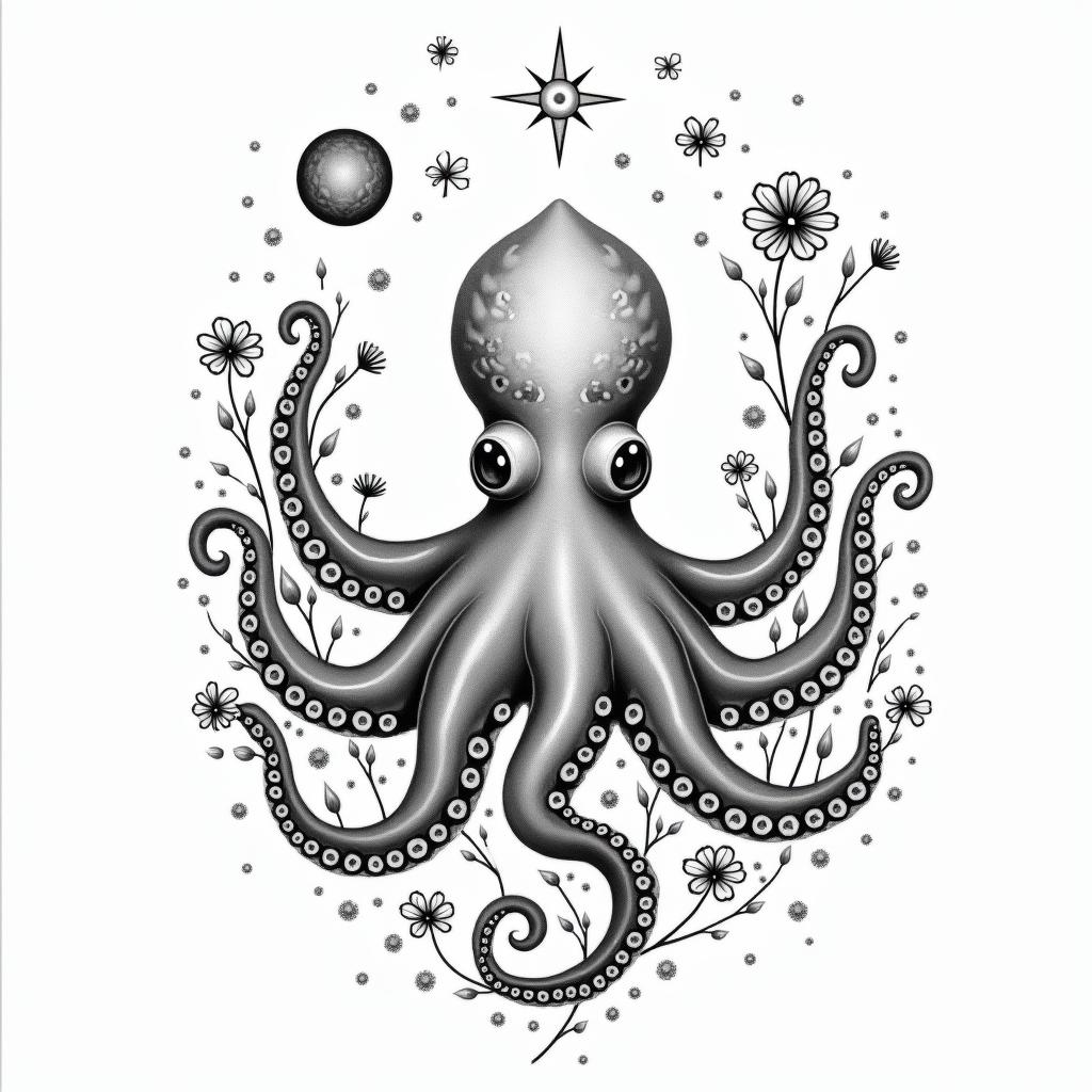Cute octopus with wildflowers and space features in the skyin Modest style tattoo, featuring soft, delicate line work with simple and meaningful symbols, gentle waves, a heart, evoking a sense of serenity and grace, - Variation 2