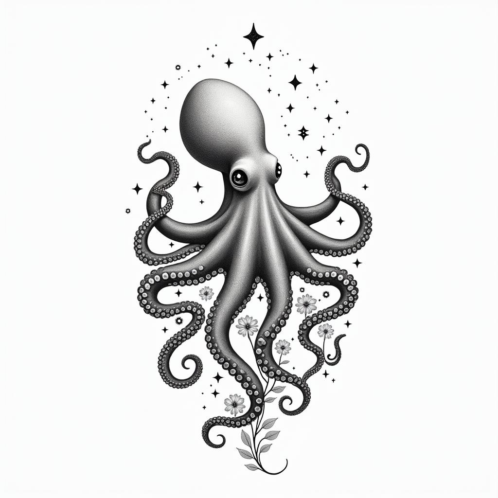 Beautiful octopus with wildflowers and space features in the skyin minimalist style tattoo, featuring simple shapes and fine lines, with minimal shading and details, tiny triangles, creating a sense of balance and harmony - Variation 2