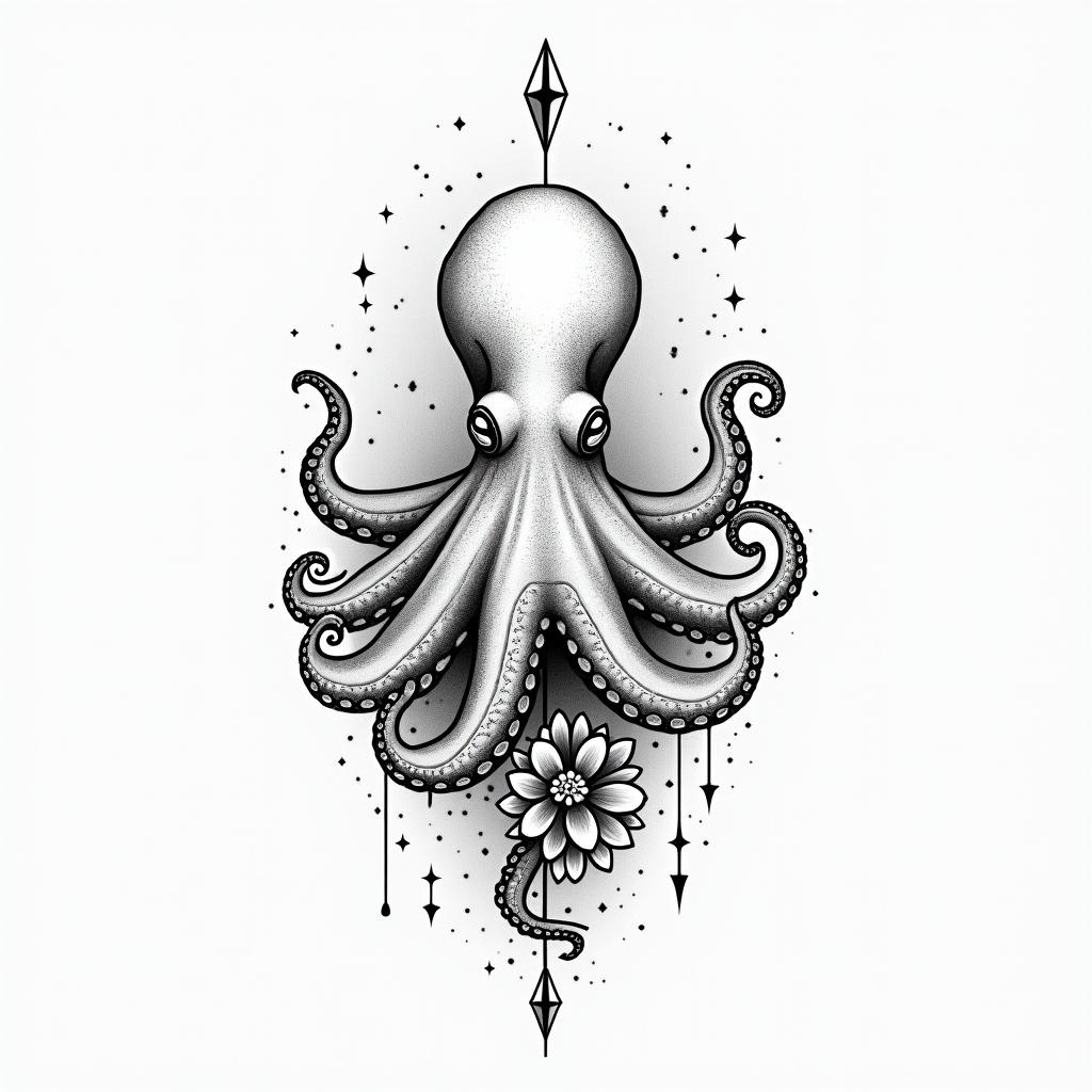 Beautiful octopus with wildflowers and space features in the skyin minimalist style tattoo, featuring simple shapes and fine lines, with minimal shading and details, tiny triangles, creating a sense of balance and harmony