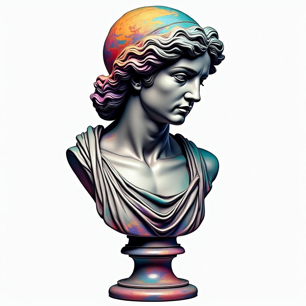Crabin distorted and fragmented tattoo design, featuring a classical statue bust, in a glitch art style with vibrant, overlapping colors of cyan, magenta, and yellow, creating a digital distortion effect - Variation 2