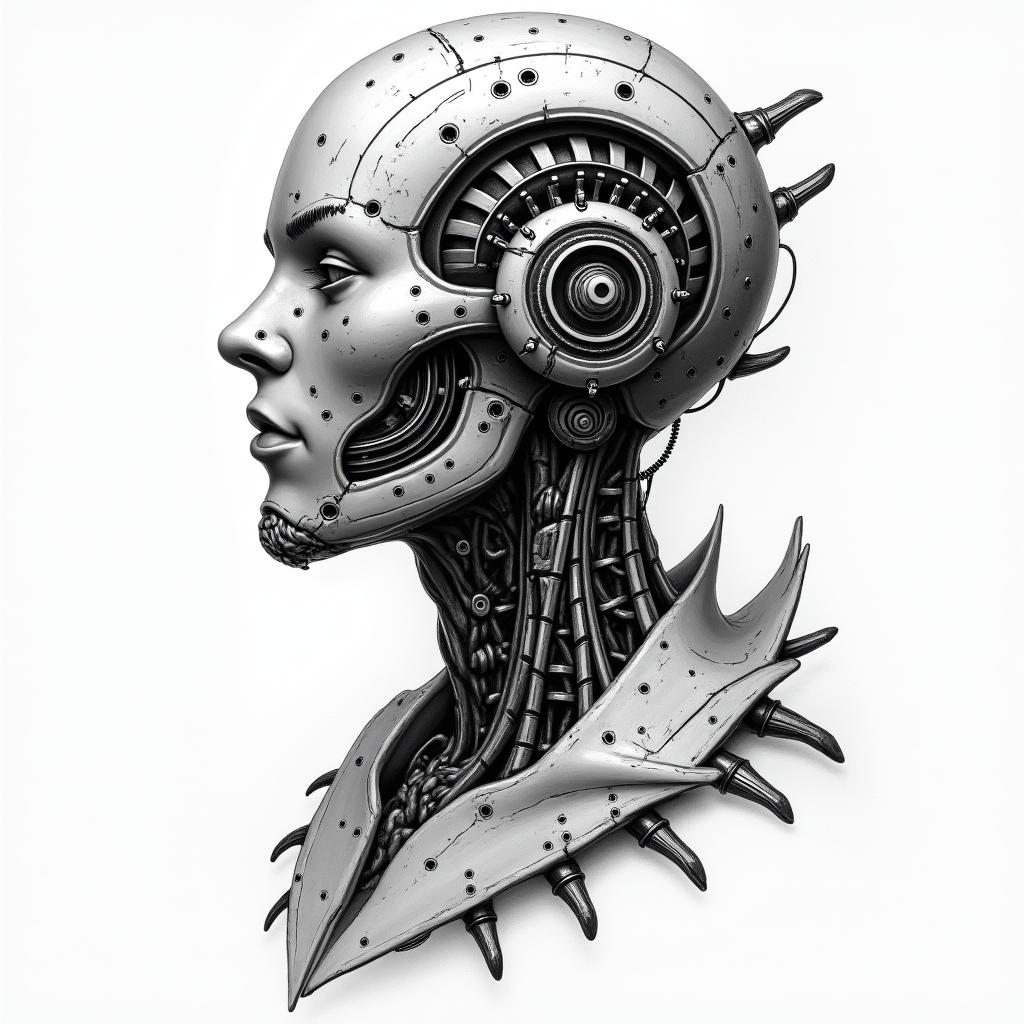Bowlingtattoo in biomechanic style, the tattoo covered by robotic elements of futuristic cyberpunk design, robotic features detail, showcasing intricate mechanical components - Variation 4
