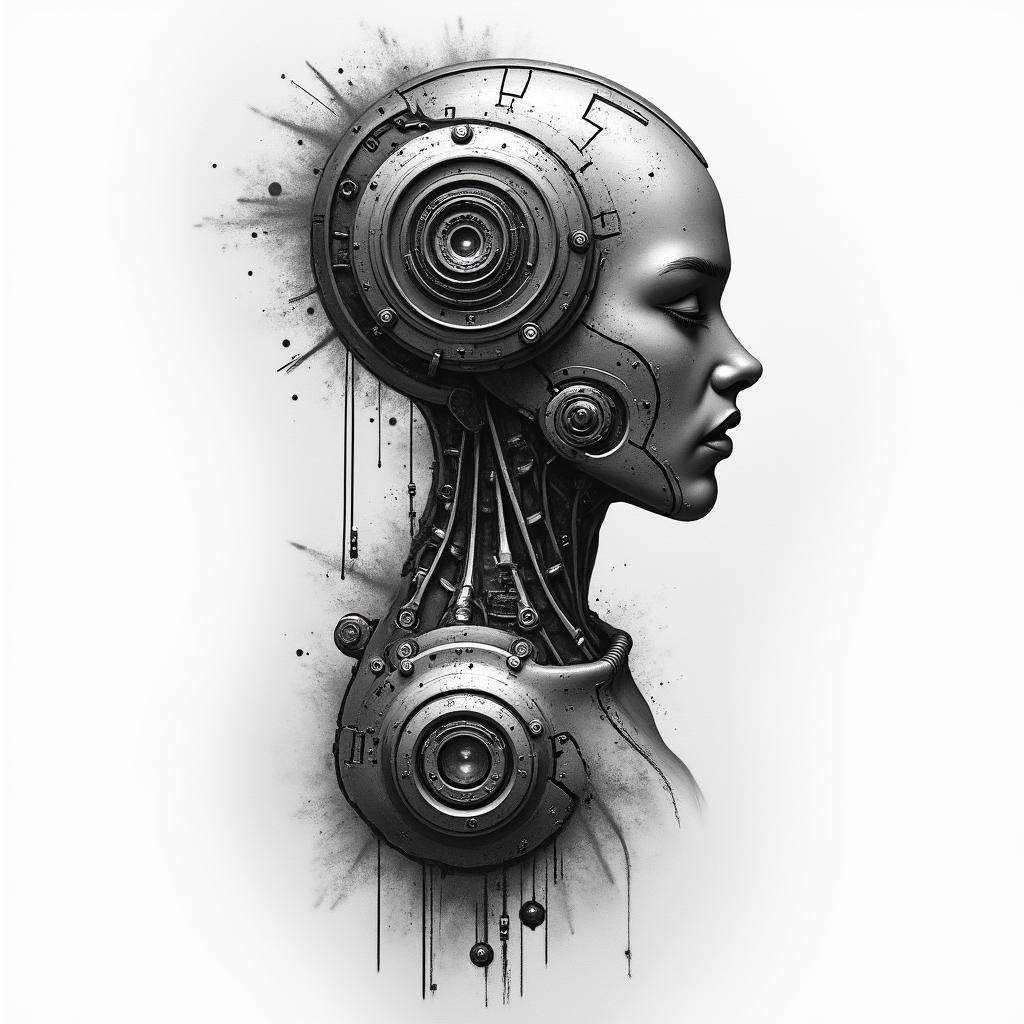 Bowlingtattoo in biomechanic style, the tattoo covered by robotic elements of futuristic cyberpunk design, robotic features detail, showcasing intricate mechanical components - Variation 2