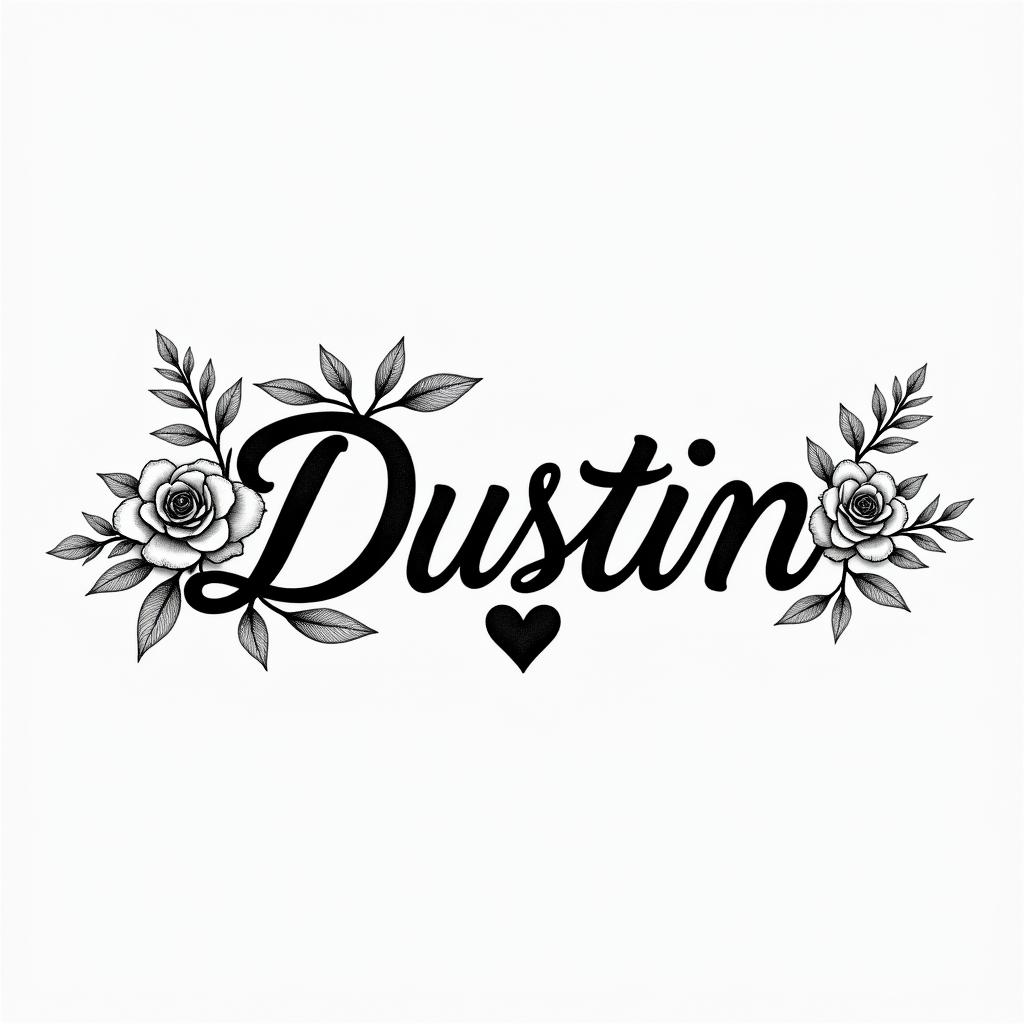 I want to get the name Dustin tattooed on my wristin elegant cursive calligraphy style 2d tattoo, decorate with roses, featuring a smooth and flowing handwritten script with slightly thickened strokes for a luxurious and bold appearance, heart symbol between names, sleek and glossy black text with shadowing, minimalist matte white background, clean and sharp edges, illuminated with soft lighting, romantic, 8k, high-quality textures with refined typography - Variation 5