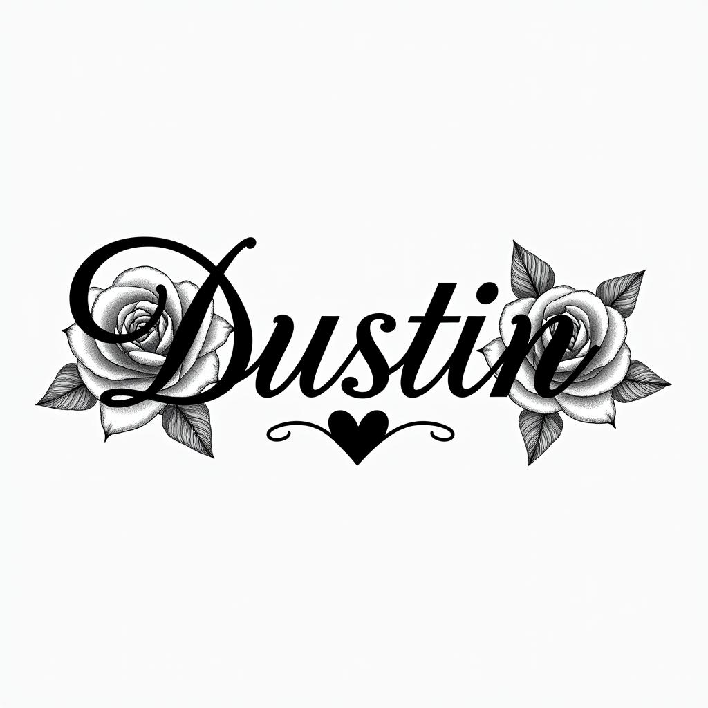 I want to get the name Dustin tattooed on my wristin elegant cursive calligraphy style 2d tattoo, decorate with roses, featuring a smooth and flowing handwritten script with slightly thickened strokes for a luxurious and bold appearance, heart symbol between names, sleek and glossy black text with shadowing, minimalist matte white background, clean and sharp edges, illuminated with soft lighting, romantic, 8k, high-quality textures with refined typography - Variation 7