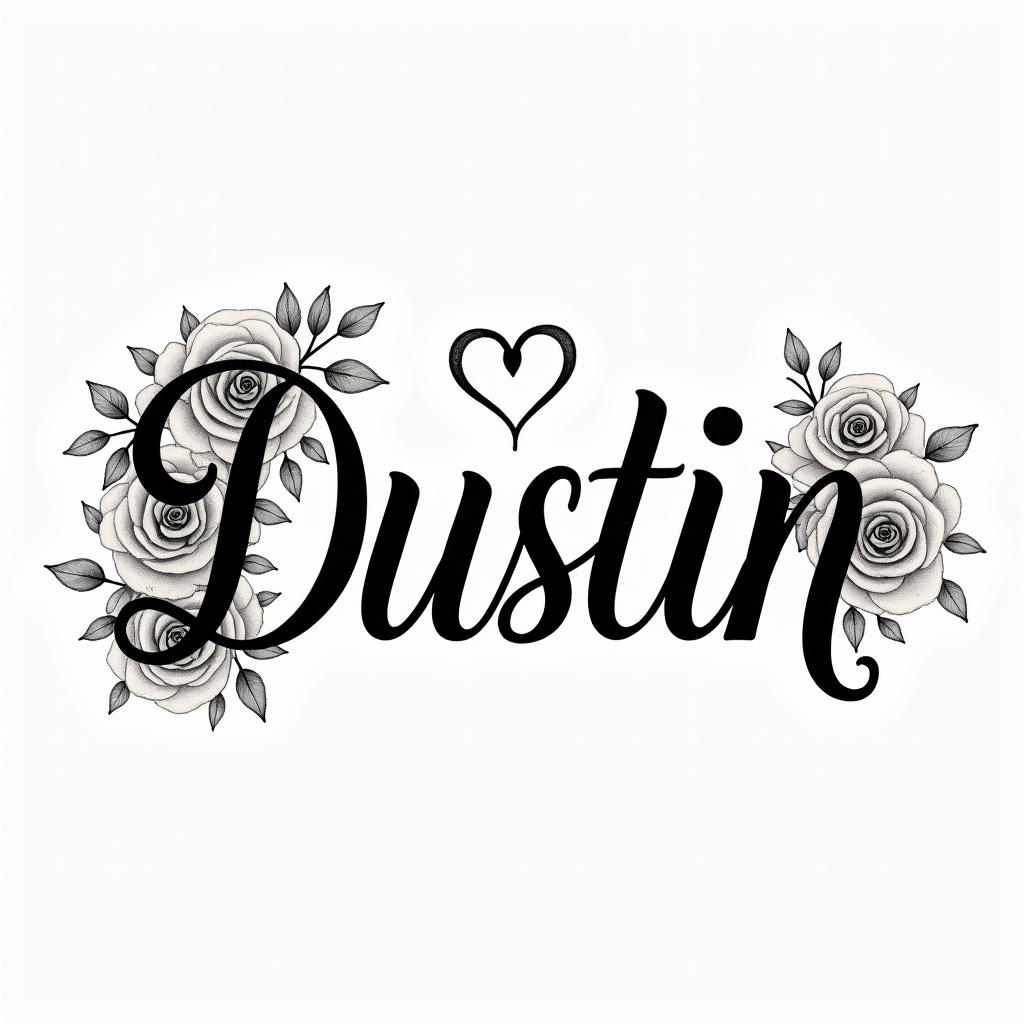 I want to get the name Dustin tattooed on my wristin elegant cursive calligraphy style 2d tattoo, decorate with roses, featuring a smooth and flowing handwritten script with slightly thickened strokes for a luxurious and bold appearance, heart symbol between names, sleek and glossy black text with shadowing, minimalist matte white background, clean and sharp edges, illuminated with soft lighting, romantic, 8k, high-quality textures with refined typography - Variation 6