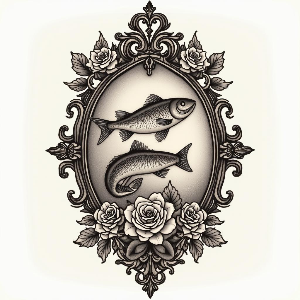 Solenn Poissons L’hay les Rosesin victorian style tattoo, featuring vintage and elegant elements, ornate frames, roses, antique, sepia-toned color scheme - Variation 2