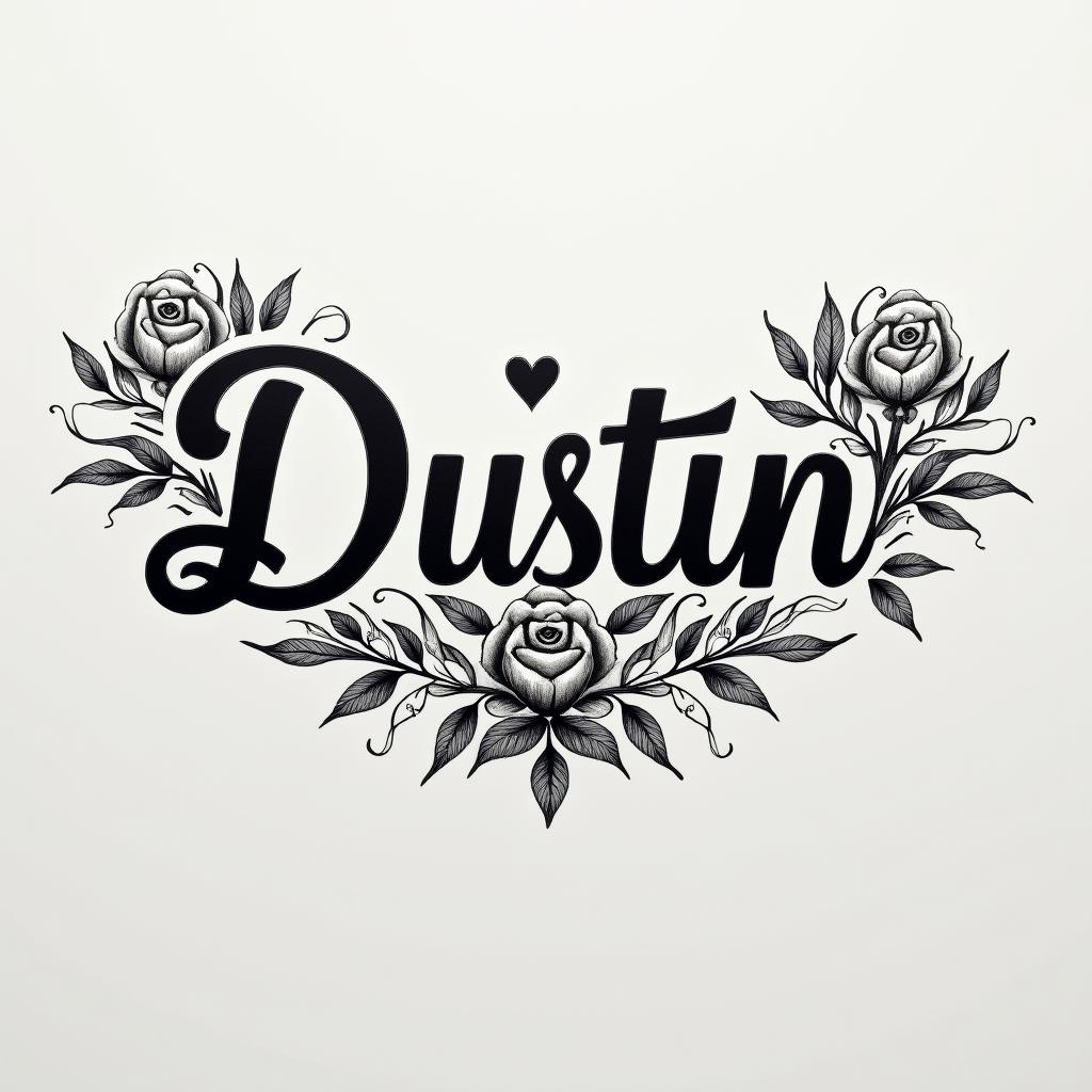 I want to get the name Dustin tattooed on my wristin elegant cursive calligraphy style 2d tattoo, decorate with roses, featuring a smooth and flowing handwritten script with slightly thickened strokes for a luxurious and bold appearance, heart symbol between names, sleek and glossy black text with shadowing, minimalist matte white background, clean and sharp edges, illuminated with soft lighting, romantic, 8k, high-quality textures with refined typography - Variation 3