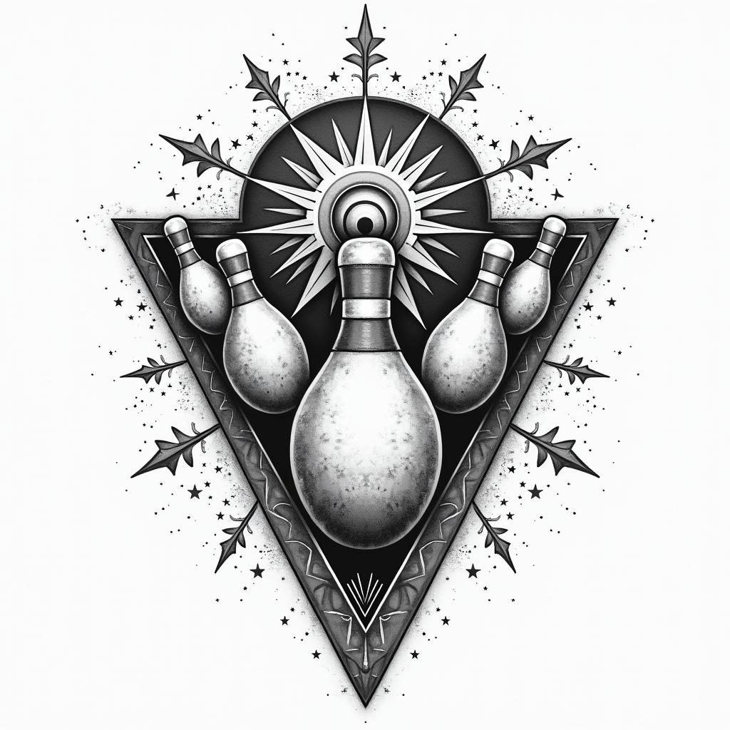 Bowling, pins, ballsin prophecy tattoo style, featuring mystical symbols, celestial imagery like stars, moons, suns, geometric patterns, foretelling elements, an eye of wisdom - Variation 2