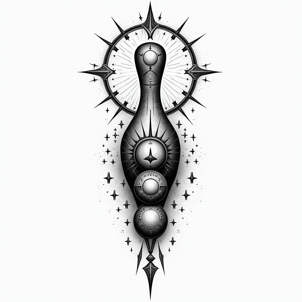 Bowling, pins, ballsin prophecy tattoo style, featuring mystical symbols, celestial imagery like stars, moons, suns, geometric patterns, foretelling elements, an eye of wisdom