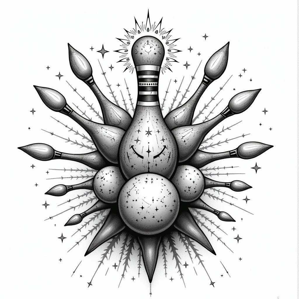 Bowling, pins, ballsin prophecy tattoo style, featuring mystical symbols, celestial imagery like stars, moons, suns, geometric patterns, foretelling elements, an eye of wisdom - Variation 4