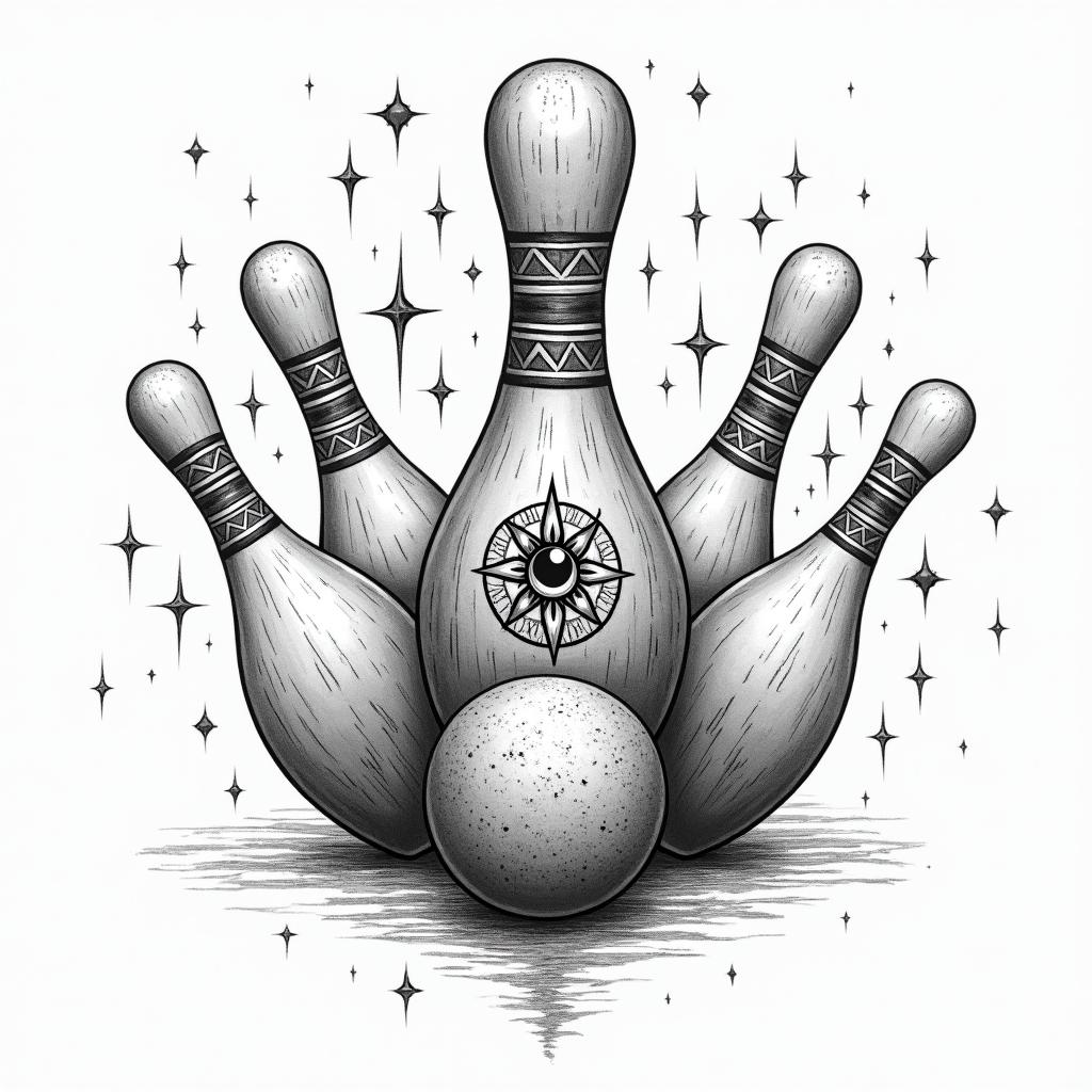 Bowling, pins, ballsin prophecy tattoo style, featuring mystical symbols, celestial imagery like stars, moons, suns, geometric patterns, foretelling elements, an eye of wisdom - Variation 3