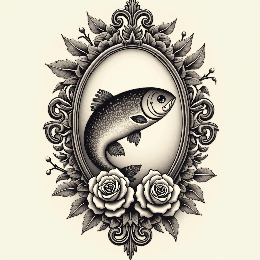 Solenn Poissons L’hay les Rosesin victorian style tattoo, featuring vintage and elegant elements, ornate frames, roses, antique, sepia-toned color scheme