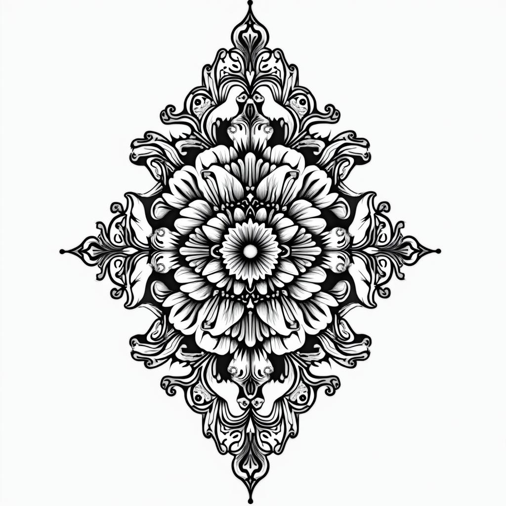 May 15, 1998in ornamental tattoo style, featuring intricate symmetrical patterns and floral designs, showcasing highly detailed line work and geometric shapes, creating a sense of elegance and balance - Variation 3