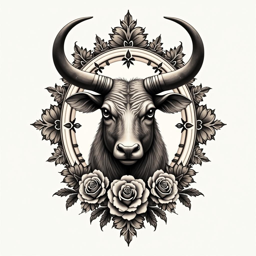 May 15 Taurusin victorian style tattoo, featuring vintage and elegant elements, ornate frames, roses, antique, sepia-toned color scheme