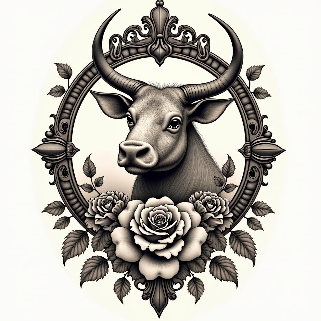 May 15 Taurusin victorian style tattoo, featuring vintage and elegant elements, ornate frames, roses, antique, sepia-toned color scheme - Variation 2