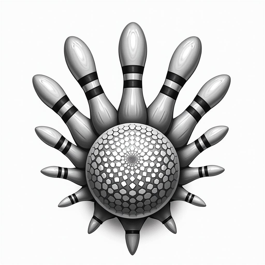 Bowling, pins, balls, success in geometric style tattoo, blending hexagons, mandala-inspired patterns, symmetrical and fractal design, clean lines, sharp angles - Variation 2