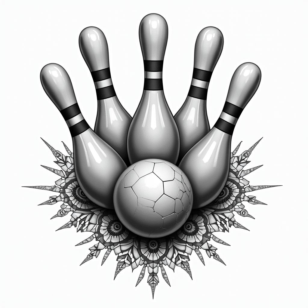 Bowling, pins, balls, success in geometric style tattoo, blending hexagons, mandala-inspired patterns, symmetrical and fractal design, clean lines, sharp angles - Variation 3