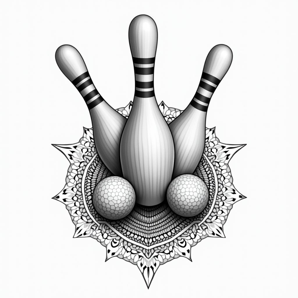 Bowling, pins, balls, success in geometric style tattoo, blending hexagons, mandala-inspired patterns, symmetrical and fractal design, clean lines, sharp angles