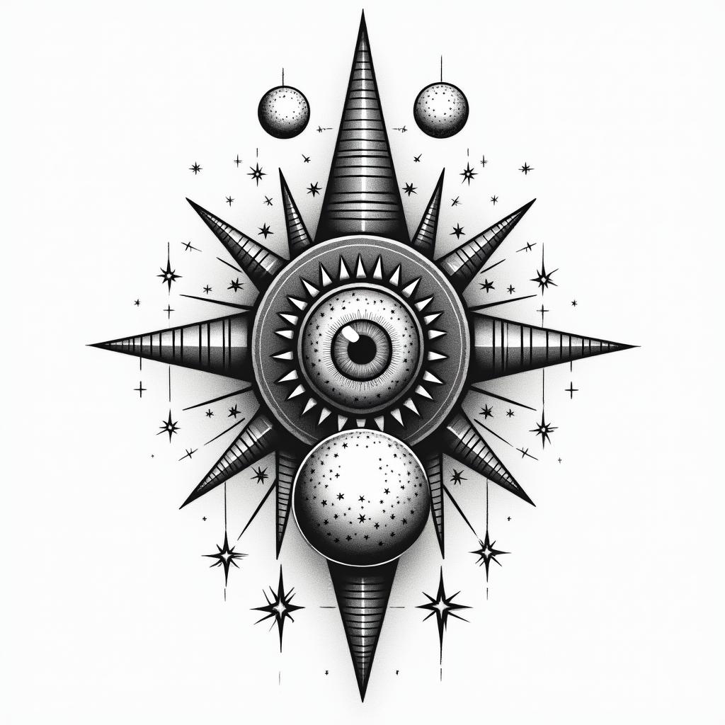 Bowling, pins, balls, successin prophecy tattoo style, featuring mystical symbols, celestial imagery like stars, moons, suns, geometric patterns, foretelling elements, an eye of wisdom