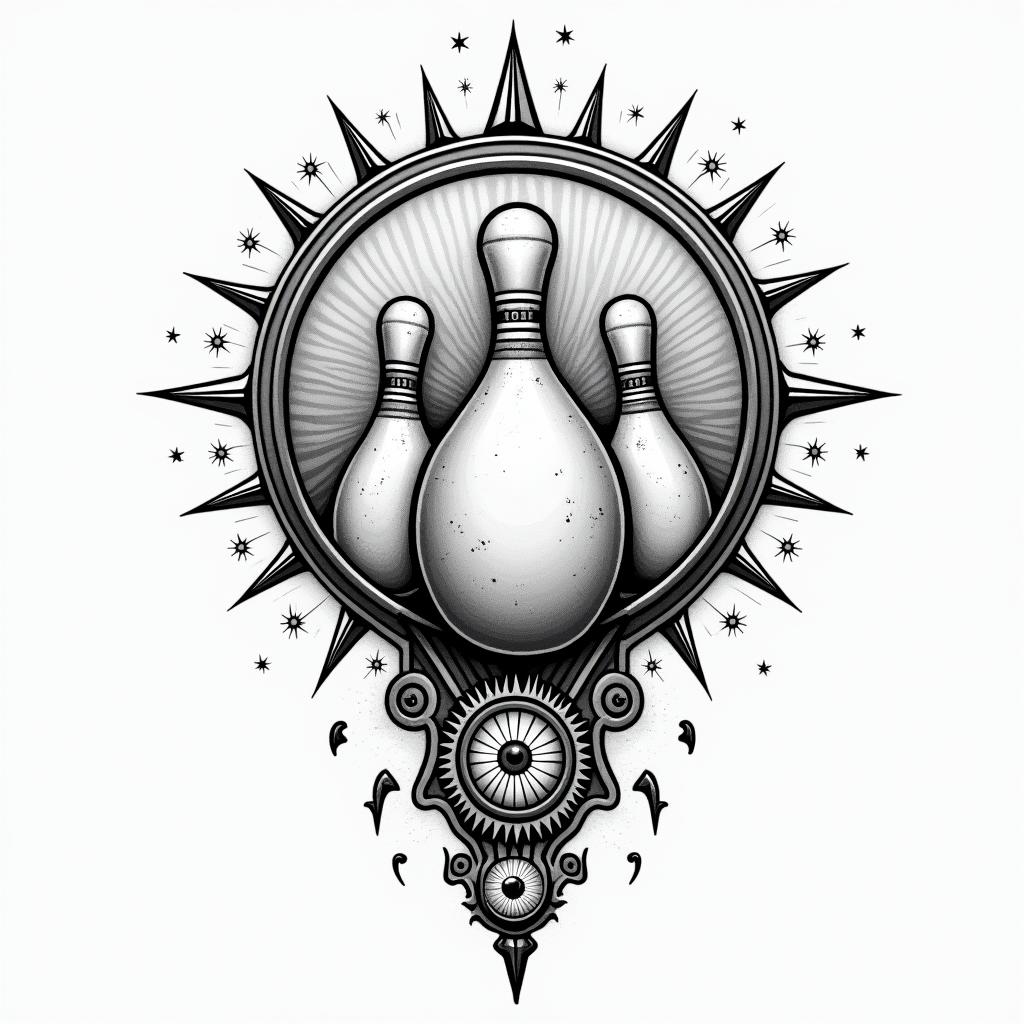 Bowling, pins, balls, successin prophecy tattoo style, featuring mystical symbols, celestial imagery like stars, moons, suns, geometric patterns, foretelling elements, an eye of wisdom - Variation 2