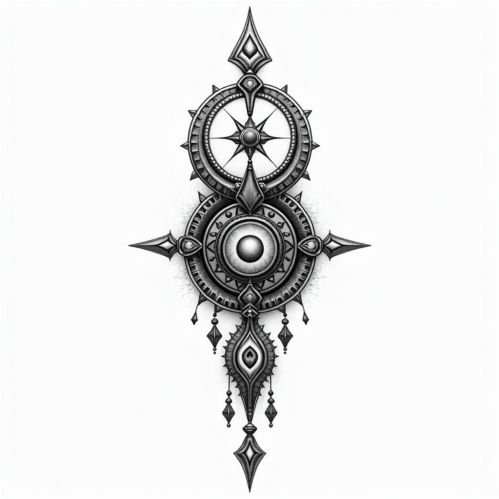 Viking tattoo strength love couragein spiritual symbols tattoo style, featuring an intricate design incorporating elements, Hamsa hand, third eye, minimalist composition