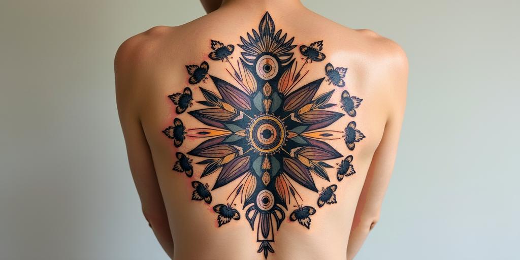 Me in past lifein spiritual symbols tattoo style, featuring an intricate design incorporating elements, Hamsa hand, third eye, minimalist composition
