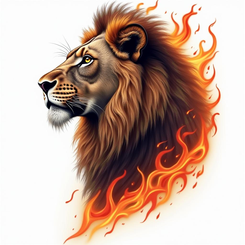 Raylan, lion, Rondôniain flame tattoo style showcasing fiery elements with dynamic flame patterns, glowing effect of flames, natural colors - Variation 2