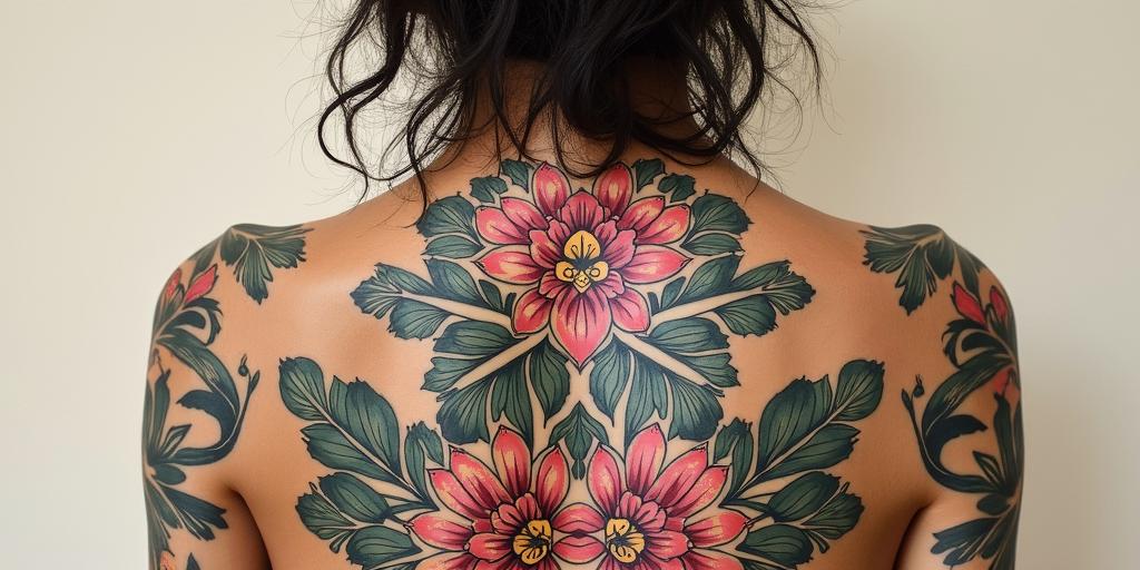 Me in past lifein ornamental tattoo style, featuring intricate symmetrical patterns and floral designs, showcasing highly detailed line work and geometric shapes, creating a sense of elegance and balance