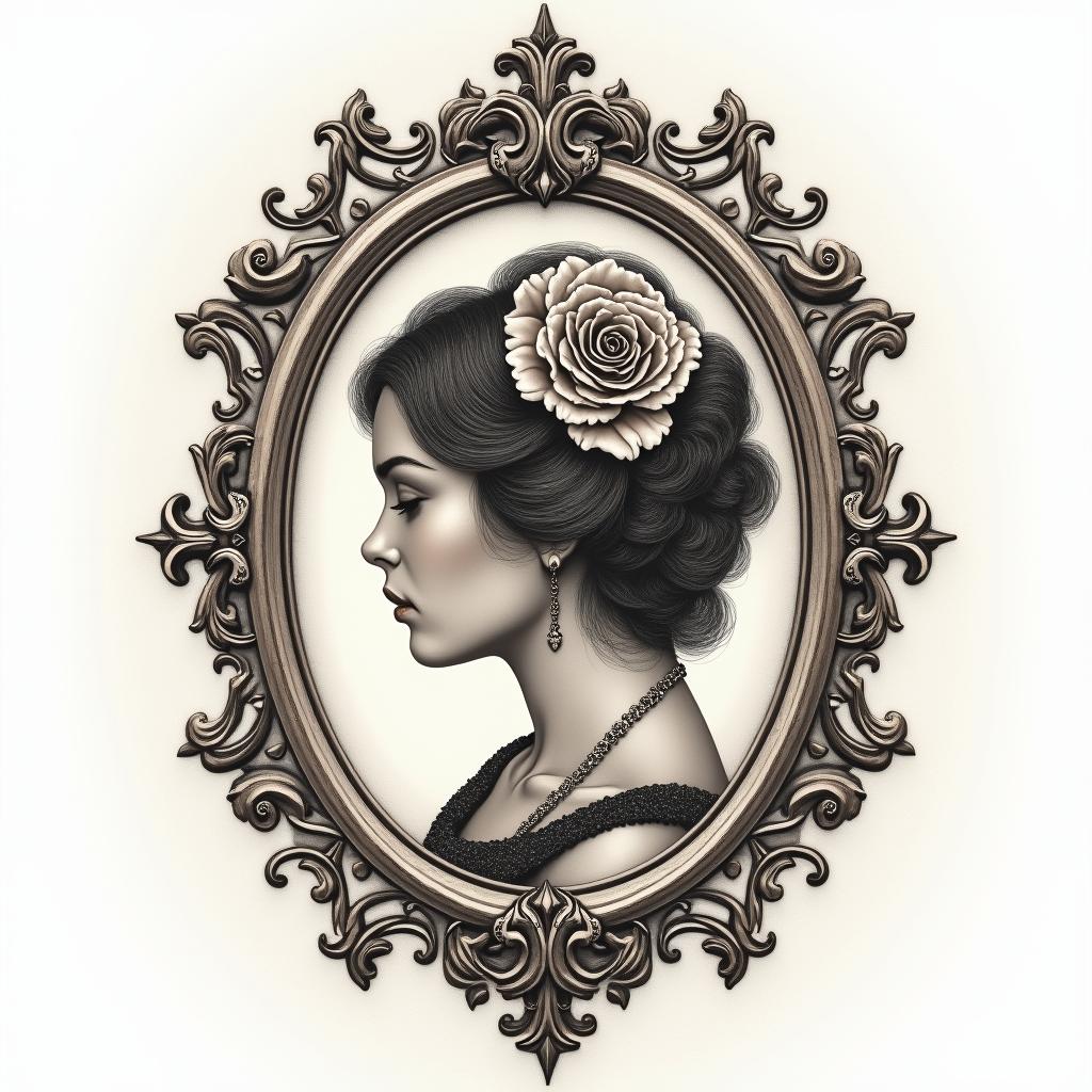 Mind over matterin victorian style tattoo, featuring vintage and elegant elements, ornate frames, roses, antique, sepia-toned color scheme - Variation 3