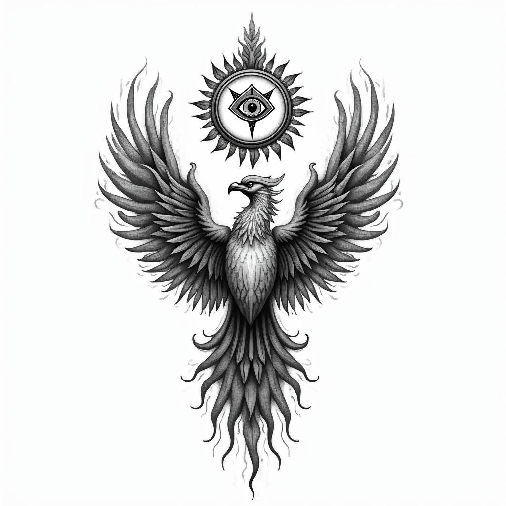 Phoenix, broken heart, ashes,flamesin spiritual symbols tattoo style, featuring an intricate design incorporating elements, Hamsa hand, third eye, minimalist composition - Variation 4