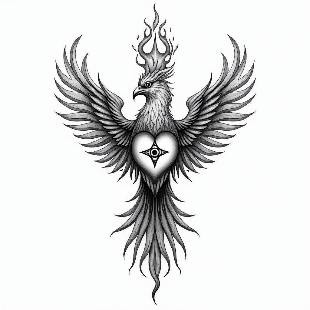 Phoenix, broken heart, ashes,flamesin spiritual symbols tattoo style, featuring an intricate design incorporating elements, Hamsa hand, third eye, minimalist composition - Variation 3