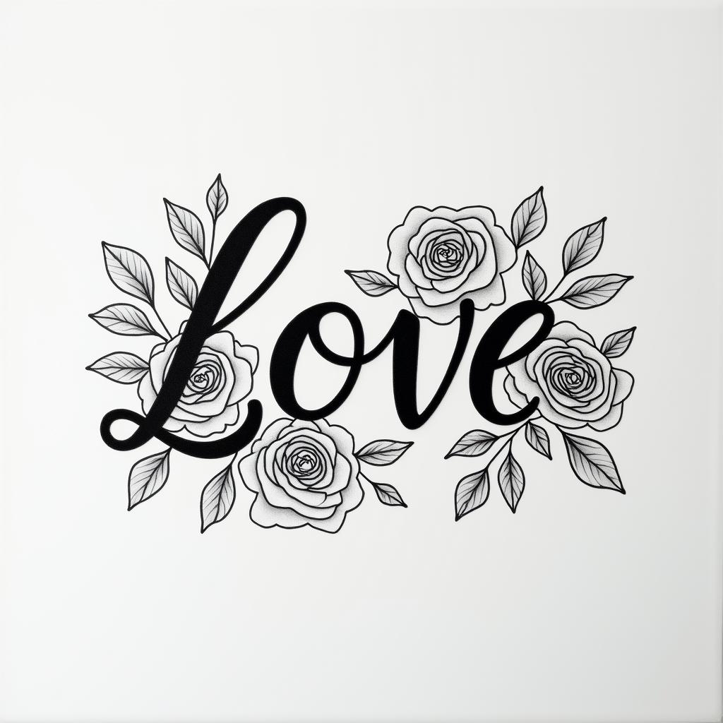 Unique namein elegant cursive calligraphy style 2d tattoo, decorate with roses, featuring a smooth and flowing handwritten script with slightly thickened strokes for a luxurious and bold appearance,  heart symbol between names,  sleek and glossy black text with shadowing, minimalist matte white background, clean and sharp edges, illuminated with soft lighting, romantic, 8k, high-quality textures with refined typography - Variation 3